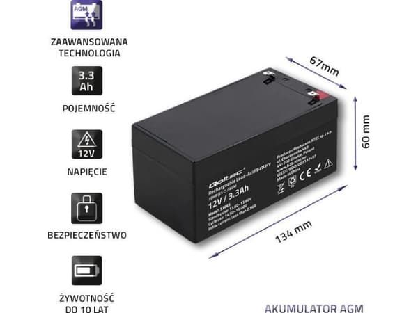 Qoltec - UPS-batteri - agm-batteri, 12 V, max. 49,5 A - 1 x batteri - Blysyra - 3,3 Ah