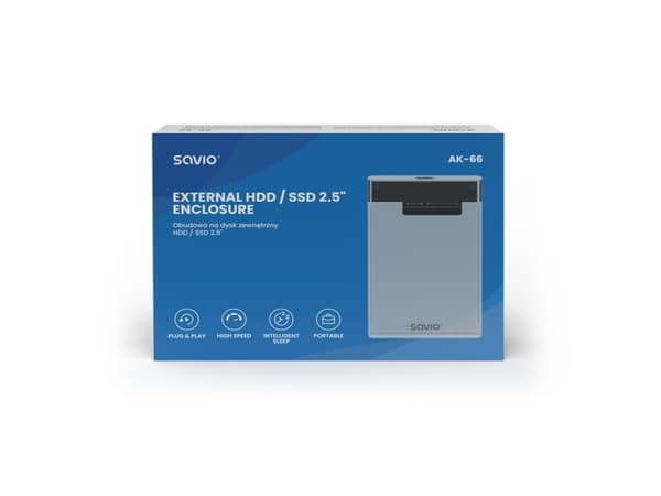 Savio AK-66, HDD/SSD-kabinett, 2.5", SATA, Serial ATA II, Serial ATA III, 5 Gbit/s, USB-tilkobling, Sort, Gjennomsiktig