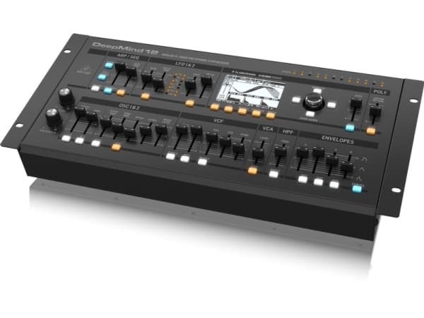 Behringer Deepmind 12D, Analog synthesizer, Choruseffekt, Försening, Flanger / Digital Signal Processing (DSP), Phaser, Reverb, Svart, LCD, AC