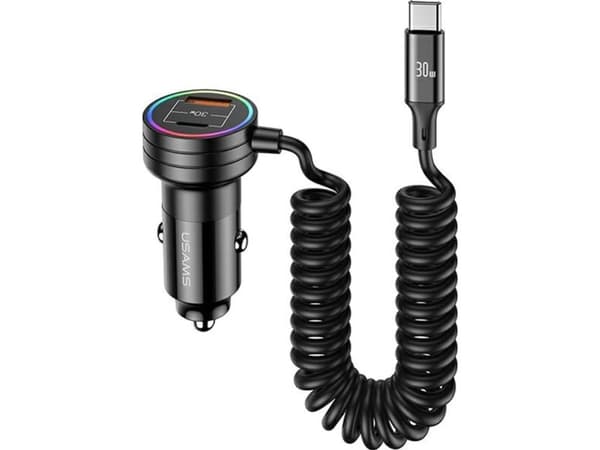 Usams Lader Billader med fjærkabel USAMS 2xUSB-C 1xUSB-A C33 60W svart CC167CC01 (US-CC167)
