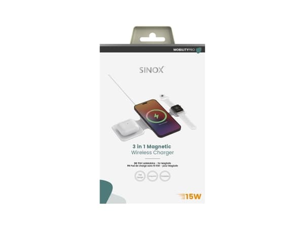 Sinox PRO 3-i-1 trådløs 15W lader. 1m. Hvid