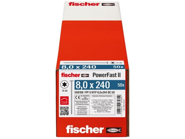 Fischer PowerFast II 568168 Kiinnitysruuvit 8 mm 240 mm Sisäinen monihammasteräs galvanoitu 50 kpl
