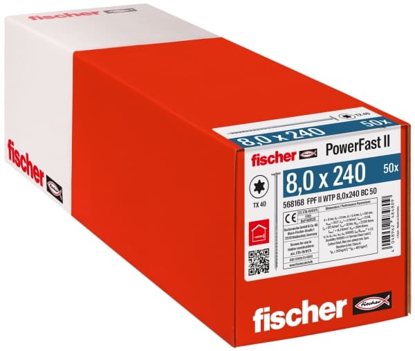 Fischer PowerFast II 568168 Kiinnitysruuvit 8 mm 240 mm Sisäinen monihammasteräs galvanoitu 50 kpl