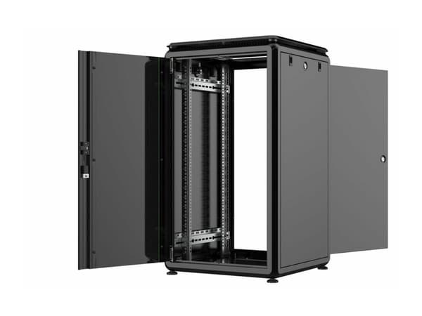 LOGON RDL20U66BL, Itseseisova teline, 20U, 600 kg, Näppäinlukko, Säädettävät jalat, Tehostunut kaapelinhallinta