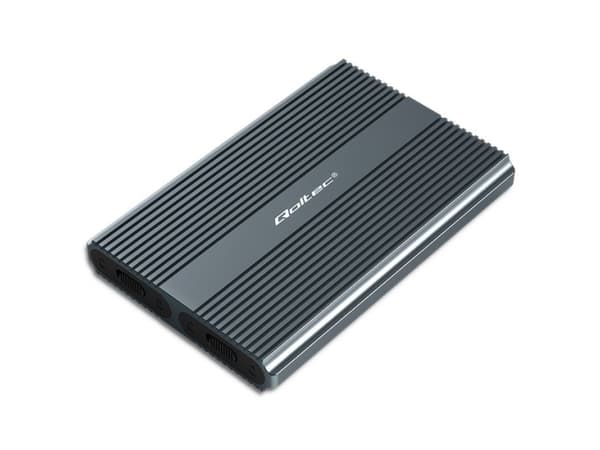 Qoltec - Förvaringslåda - SSD, SATA, dual 2 x 2TB - M.2 - M.2 NVMe Card / PCIe (NVMe) - USB-C 3.1 (Gen 2) - grå
