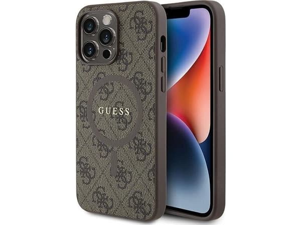Originalt GUESS GUHMP14XG4GFRW frontpaneldeksel for iPhone 14 Pro Max (kompatibel med Magsafe / 4G Ring klassisk logo / Brun)