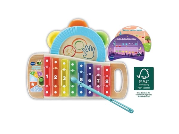 VTech Baby Interaktives Holz-Xylofon mit Tamburin, Musikalsk lekesett, Tamburin, Xylofon, 1,5 år, AA, 600 g, Flerfarget