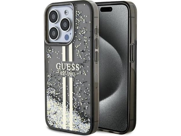 Originalt frontpaneldeksel GUESS GUHCP15LLFCSEGK for iPhone 15 Pro (Liquid Glitter Gold Stripes / Black)