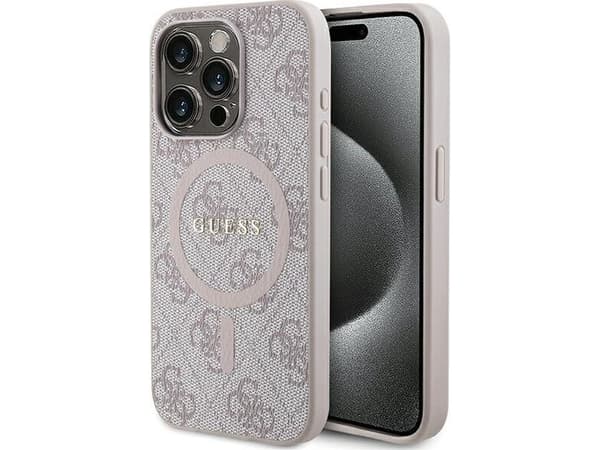 Originalt GUESS GUHMP15LG4GFRP frontpaneldeksel til iPhone 15 Pro (kompatibel med Magsafe / 4G Ring Classic Logo / Rosa)