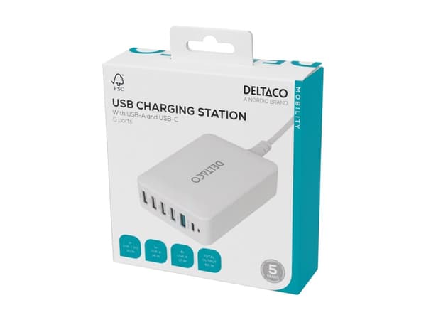 Multi 6 USB-laturi, 4x USB-A, 1x USB-A 18W, 1x USB-C PD 30W Vit