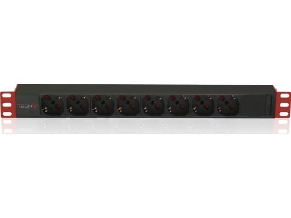 Techly I-CASE STRIP-81V2, 1U, Sort, Rød, 8 AC-utganger, Type F, Type L, C14 kopling, 2 m Sort, Rød