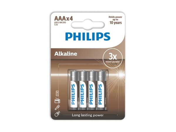 Philips LR03A4B/10, Engångsbatteri, AAA, Alkalisk, 1,5 V, 4 styck, 5 År