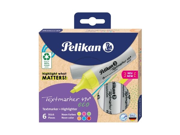 Pelikan Textmarker 490 eco, 6 stykker, Flerfarget, Meisel tupp, Resirkulert plast, Fet/fin/middels, 1 mm