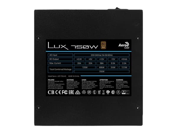 AeroCool LUX 750W - Strømforsyning (intern) - ATX12V 2.4 - 80 PLUS Bronze - AC 200-240 V - 750 watt - aktiv PFC