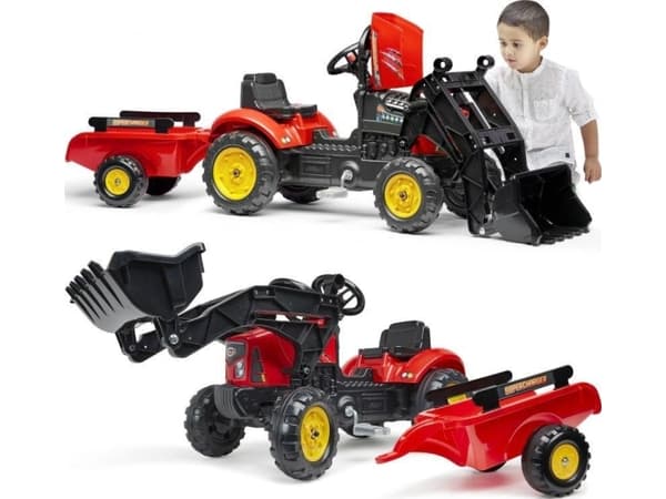 Falk Traktor Kompressor Röd Öppningsbar motorhuv med släpvagn + skopa