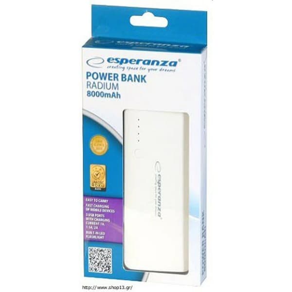 Power Bank Esperanza EMP106WE Hvid/Grå 8000 mAh - Kompakt og kraftfuld oplader til dine elektroniske enheder. Holdbar og nem at bruge.