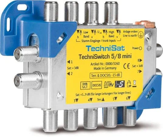 TechniSat TECHNISWITCH 5/8 MINI, Blå, Gult, 1080p, 100 m, -25 - 45 °C, 10 - 75%