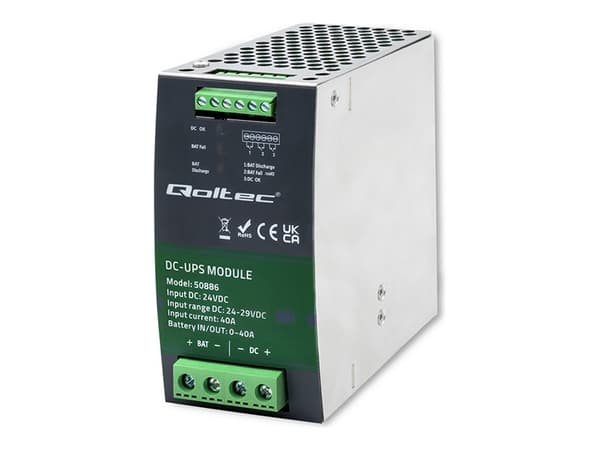 Qoltec Moduł UPS DC na szynę DIN | 40A | 24V