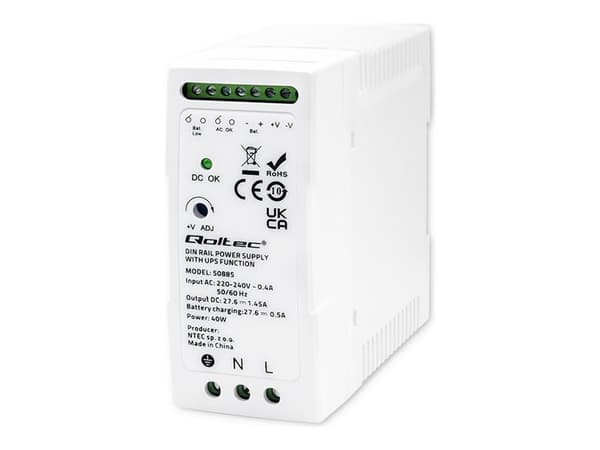 Qoltec - Strømforsyning (DIN-skinnemonterbar) - with UPS function - AC 220-240 V - 40 watt - hvit