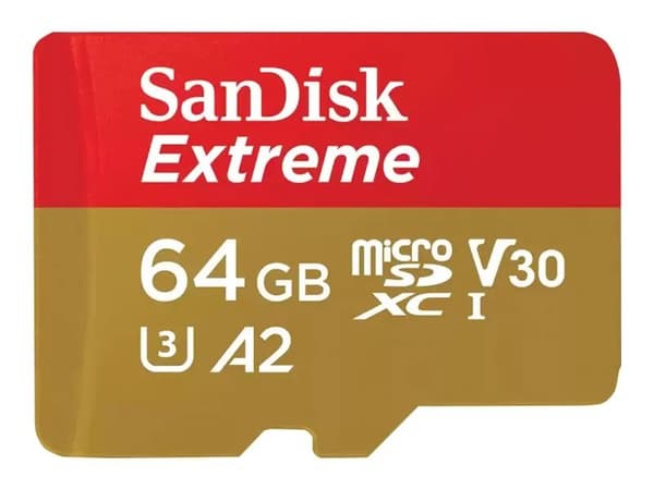 SanDisk Extreme - Flashminnekort (microSDXC til SD-adapter inkludert) - 64 GB - A2 / Video Class V30 / UHS-I U3 / Class10 - microSDXC UHS-I