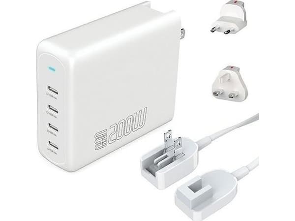 4smarts GaN FlexPro - Strømadapter - 200 watt - 5 A - QC 3.0, QC 4.0+, PD 3.0, PD/PPS - 4 utgangskontakter (24 pin USB-C) - på kabel: USB-C - hvit -