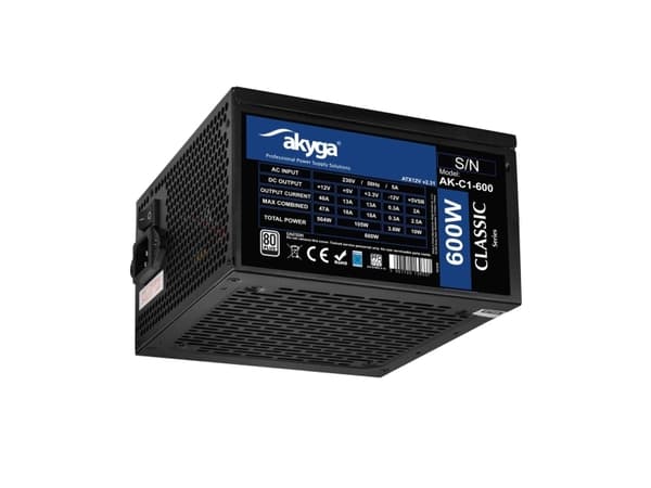 ATX 600W strømforsyning Akyga AK-C1-600 P4+4 2x PCI-E 6+2 pin 5x SATA 3x Molex APFC FAN 12cm Sort