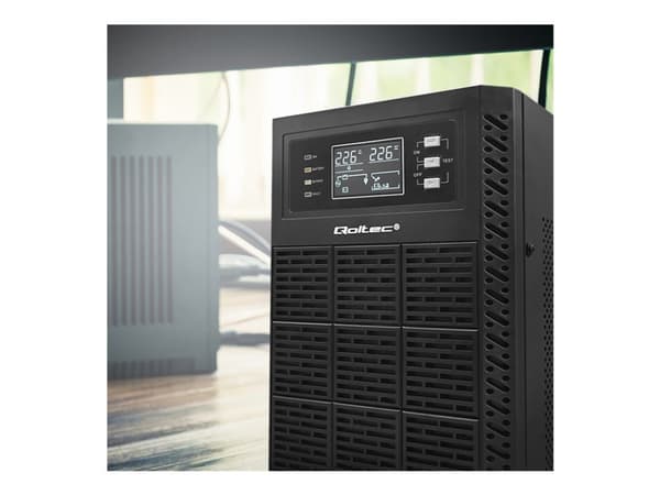 Qoltec - UPS - tehokerroin 1.0, LCD, EPO, online - AC 110-300 V - 3000 Watt - 3000 VA - 7 At - RS-232, USB, RJ-45 - lähtöliittimet: 4 - musta