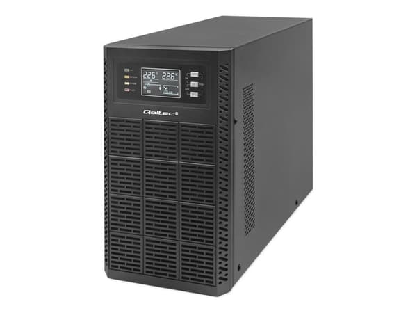 Qoltec - UPS - tehokerroin 1.0, LCD, EPO, online - AC 110-300 V - 3000 Watt - 3000 VA - 7 At - RS-232, USB, RJ-45 - lähtöliittimet: 4 - musta