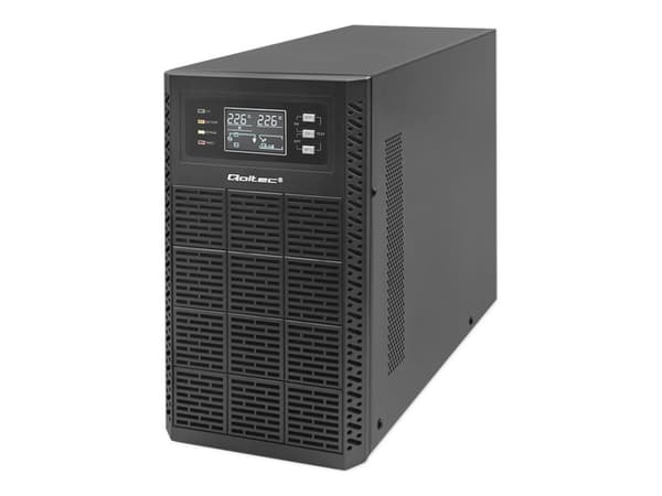 Qoltec - UPS - tehokerroin 1.0, LCD, EPO, online - AC 110-300 V - 3000 Watt - 3000 VA - 7 At - RS-232, USB, RJ-45 - lähtöliittimet: 4 - musta