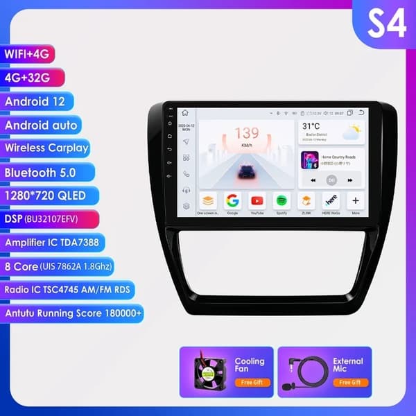 Android Auto -auton monimedia-soitin, Bluetooth-yhteensopivuus, Carplay-yhteensopivuus, S2-4G 32G-8cores