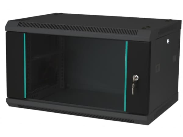 Q-Lantec 19" 6U 6U 600x450 seinään asennettava hyllykaappi, keskeytymätön, yksisiipinen lasiovi, kiinteä takapaneeli, lukittavat sivupaneelit, musta