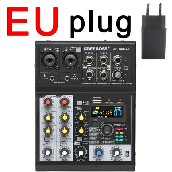 Ljudmixer, 4 kanaler, Bluetooth-anslutning, portabel design, EU-kontakt