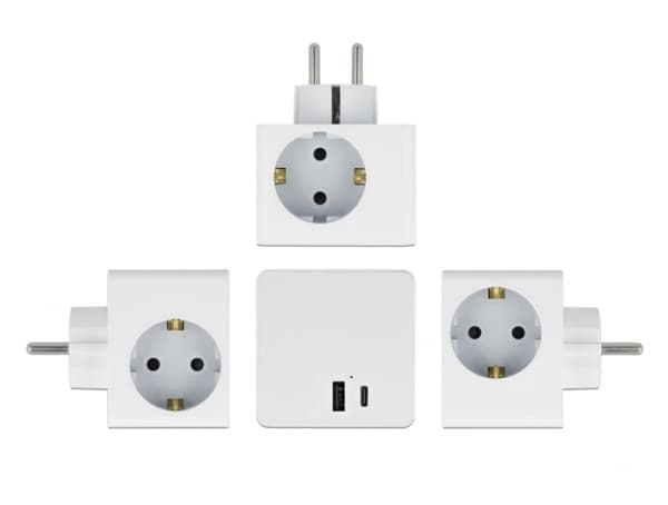 Delock stikkontakt kube 3-veis med barnesikring og USB PD 3.0 lader 20 W hvit