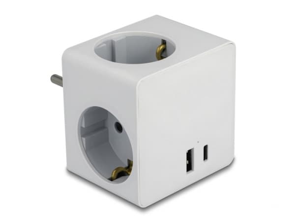Delock stikkontakt kube 3-veis med barnesikring og USB PD 3.0 lader 20 W hvit