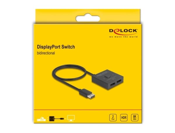 Delock - Videolinjedelare/omkopplare - 8K, tvåvägs - 2 x DisplayPort - skrivbordsmodell