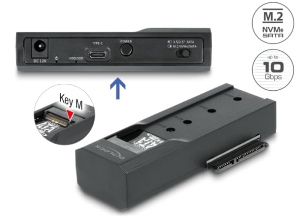 Delock USB Type-C-muunnin 1 x M.2 SSD:lle tai 1 x SATA SSD:lle / kiintolevylle