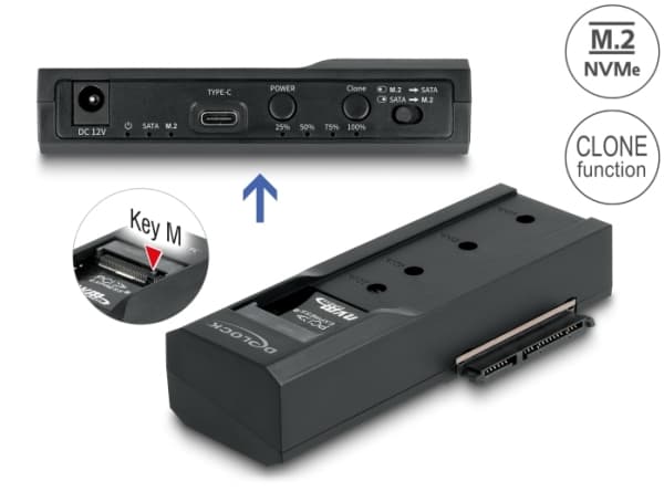 Delock - Diskkontroller - klonefunksjon - 2.5", 3.5", M.2 - M.2 Card (PCIe NVMe & SATA) / SATA SSD - USB-C 3.2 (Gen 2x1) - svart
