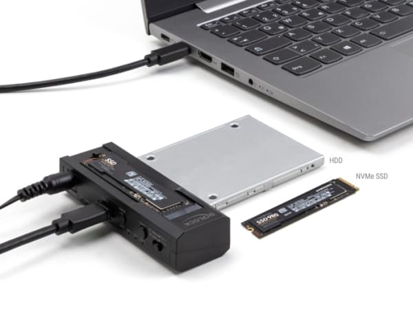 Delock - Diskkontroller - klonefunksjon - 2.5", 3.5", M.2 - M.2 Card (PCIe NVMe & SATA) / SATA SSD - USB-C 3.2 (Gen 2x1) - svart