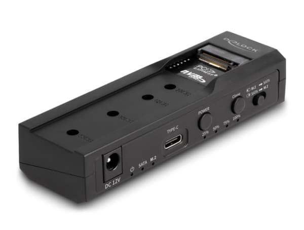 Delock - Diskkontroller - klonefunksjon - 2.5", 3.5", M.2 - M.2 Card (PCIe NVMe & SATA) / SATA SSD - USB-C 3.2 (Gen 2x1) - svart