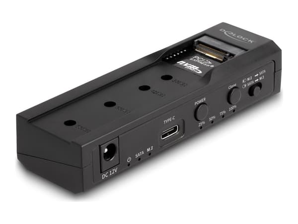 Delock - Diskkontroller - klonefunksjon - 2.5", 3.5", M.2 - M.2 Card (PCIe NVMe & SATA) / SATA SSD - USB-C 3.2 (Gen 2x1) - svart