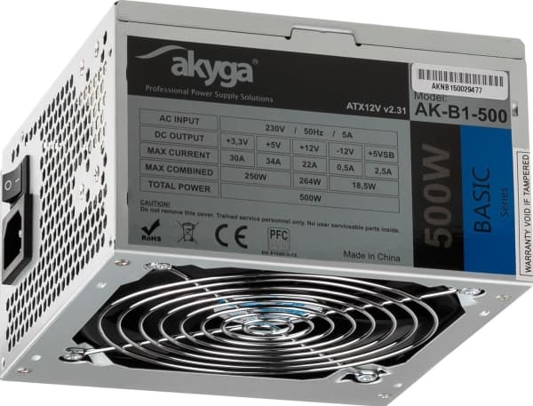 Akyga Basic Series AK-B1-500 - Strømforsyning (intern) - ATX12V 2.31 - AC 230 V - 500 watt - PFC - grå