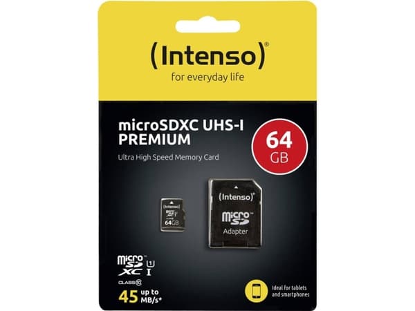 Intenso Premium - Flashminnekort (microSDXC til SD-adapter inkludert) - 64 GB - UHS Class 1 / Class10 - microSDXC UHS-I