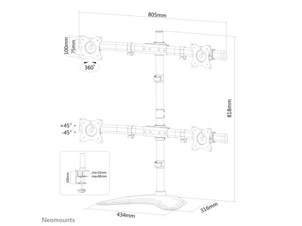 Neomounts NM-D335D4 - Stativ - full bevegelse - for 4 LCD-skjermer - svart - skjermstørrelse: 10"-27" - skrivebordsstativ, klemmemonterbar, malje, sk