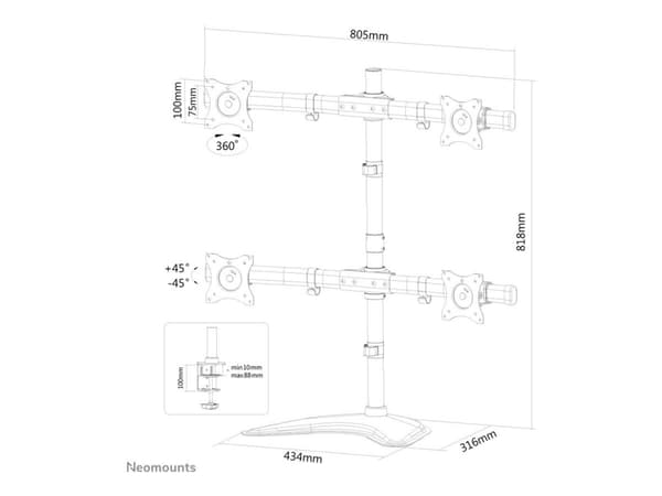 Neomounts NM-D335D4 - Stativ - full bevegelse - for 4 LCD-skjermer - svart - skjermstørrelse: 10"-27" - skrivebordsstativ, klemmemonterbar, malje, sk Sort