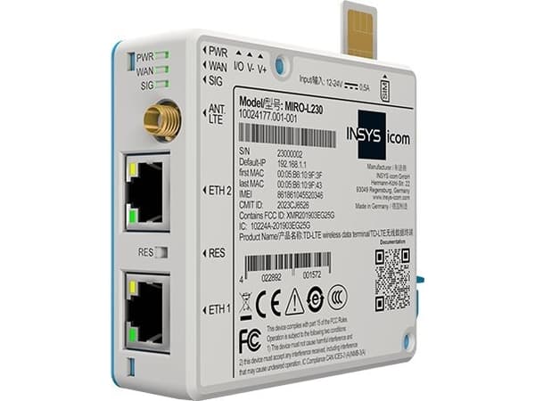 INSYS icom MIRO-L200 - Ruter - WWAN digital inngang/utgang - WAN-porter: 2 - 4G, 3G, 2G - DIN-skinnemonterbar