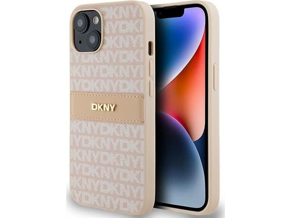 DKNY DKHCP14SPRTHSLP iPhone 14 / 15 / 13 6.1" Rosa / Rosa hardt etui skinn mono stripe metalllogo