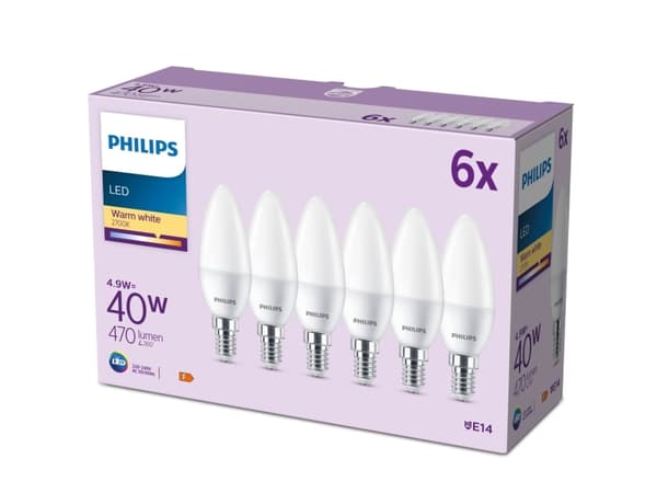 Philips Kynttilälamppu ja Lustre, 4,9 W, 40 W, E14, 470 lm, 15000 h, Lämmin valkoinen