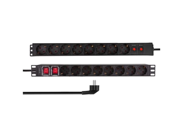 LogiLink 19" PDU 16-veis tysk stikkontakt, med overbelastningsbeskyttelse og bryter