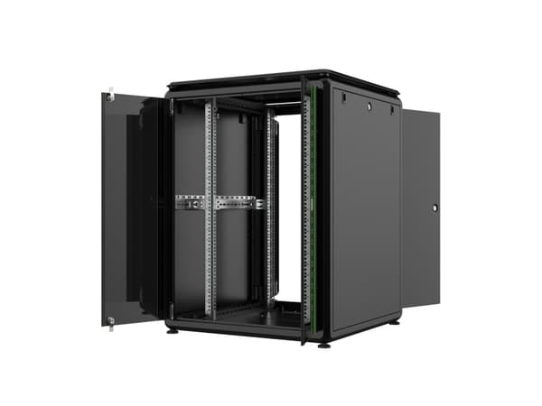 LOGON RDL20U88BL, Itseseisova teline, 20U, 600 kg, Näppäinlukko, Säädettävät jalat, Tehostunut kaapelinhallinta