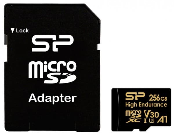 SILICON POWER Golden Series - High Endurance flashminnekort (microSDXC til SD-adapter inkludert) - 256 GB - A1 / Video Class V30 / UHS-I U3 / Class10